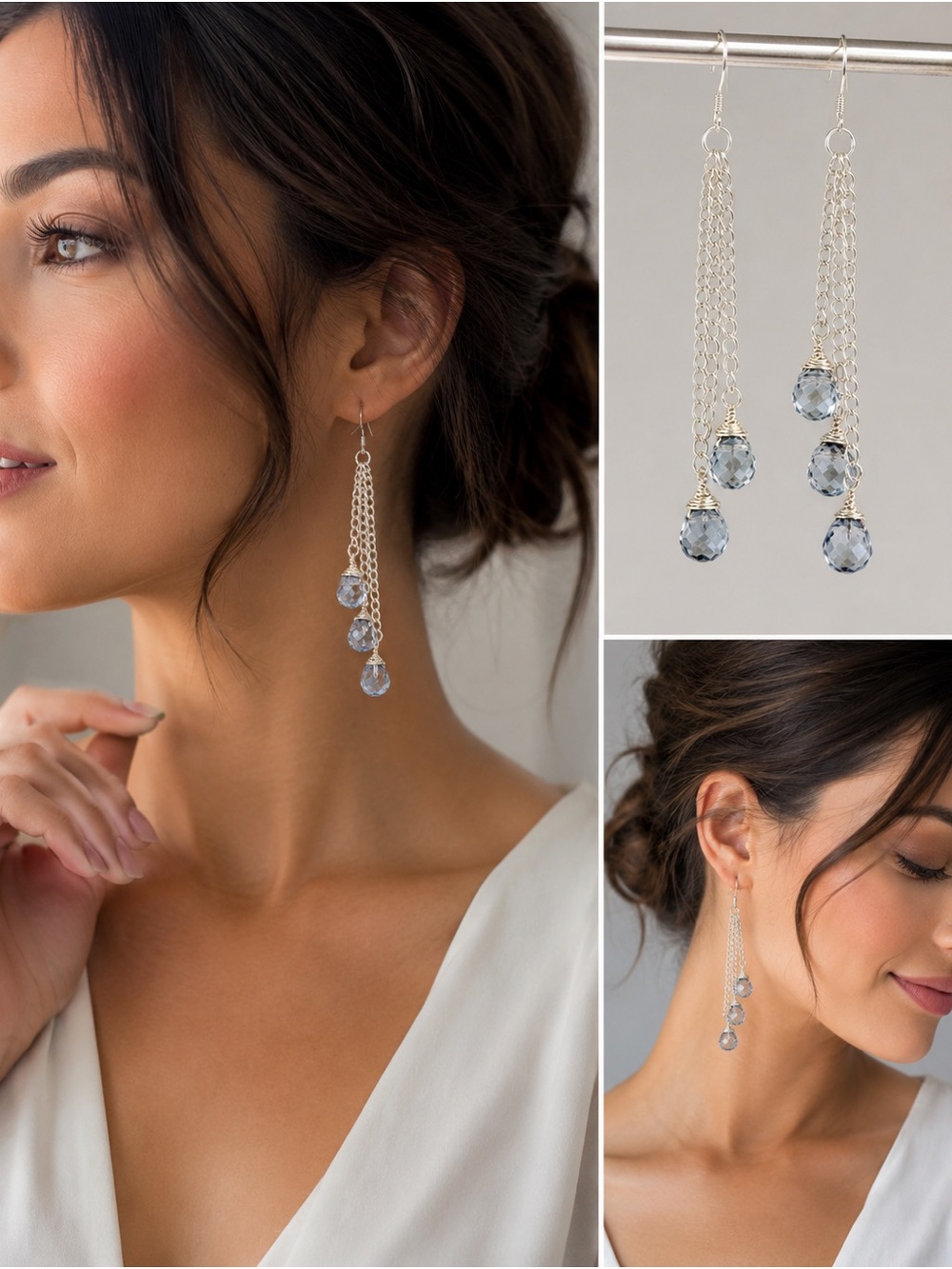 Hand Crafted Silver Chain Drop Earrings with Light Blue Crystal Beads